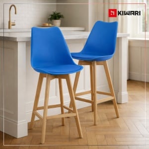 Set 2 Scaune Bar/Bucatarie Kiwari® Sama, Sezut PP si Picioare Lemn Fag, Inaltime 68 cm, Design Modern Bucatarie/Dining, Capacitate 120 kg, Albastru - Img 2