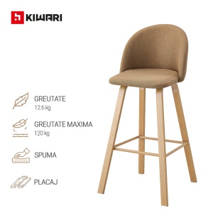 Set 2 scaune Bar/Bucatarie Kiwari® Tan, Inaltime 75 cm, Sezut Tapitat cu Material Textil, Picioare Metalice Aspect Lemn, Design Modern Bucatarie/Dining, Capacitate 120 kg, Maro - Img 5