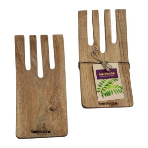 Set 2 ustensile pentru amestecat salata, Bonfesto®, 2 furculite tip gheare din lemn natural de Acacia, 15 x 7 x 2.5 cm