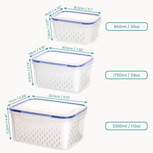 Set 3 caserole depozitare alimente Belle Vous, din plastic fara BPA, 3 dimensiuni, 850/1750/3300 ml, cu capac etans si cos scurgere, Transparent/Alb - Img 4