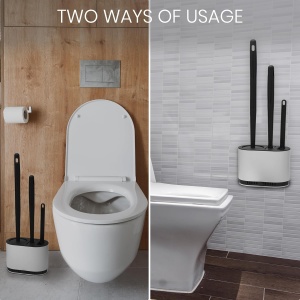 Set 3 perii WC Belle Vous, cu suport si tava colectare apa, 17 x 10 x 12 cm, 2 perii din silicon + 1 perie curatare, montare perete sau podea, Alb/Negru - Img 5