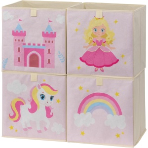 Set 4 cutii de depozitare Navaris, pentru camera copilului, 33 x 33 cm, design printesa, pliabile, Roz
