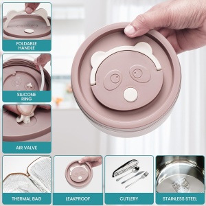 Set 4 cutii de pranz Belle Vous, din plastic si otel inoxidabil, cu capac etans, geanta termoizolanta si tacamuri, 350/550 ml, Maro - Img 6