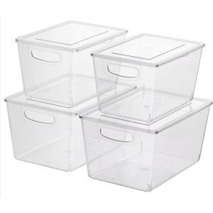 Set 4 cutii depozitare Navaris, transparente, stivuibile, 2 dimensiuni, pentru bucatarie si baie