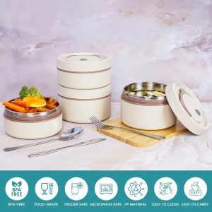 Set 4 cutii pentru pranz Belle Vous, 350-550 ml, tacamuri, geanta termica pentru transport, 25 x 13 x 15 cm, Otel, Crem - Img 4