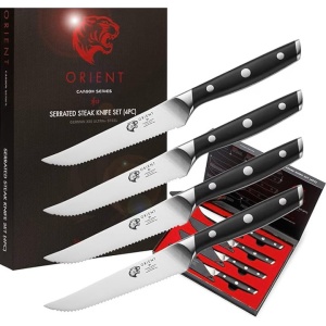 Set 4 cutite Orient, Origin Series, din otel inoxidabil german X50 Ultra +, lama zimtata, protectie pentru lama, negru