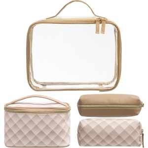Set 4 genti cosmetice Navaris, pentru calatorii, 3 genti din piele PU, 1 geanta transparenta PVC, 29 x 9.5 x 22 cm, organizator machiaje, Bej