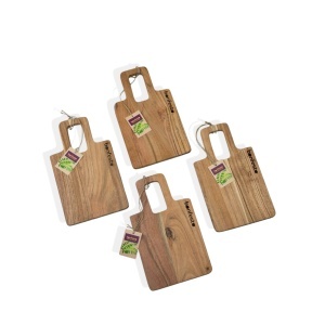 Set 4 platouri de servire hamburger, cu maner din lemn natural de Acacia, Bonfesto®, 25 x 15 x 1 cm