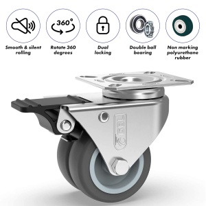 Set 4 roti duble pivotante GBL, 50 mm, pivotante 360°, sarcina maxima de incarcare 200kg, sistem de franare, poliuretan, Gri - Img 3