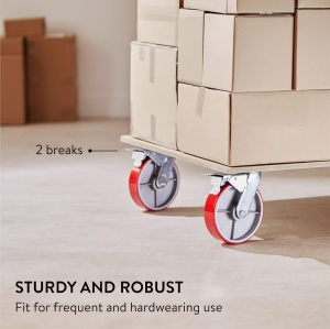 Set 4 roti pivotante pentru transport roti GBL, 200 mm, sarcina maxima de incarcare 1520 kg, rotatie 360°, cauciuc PU, 2 roti cu frane, Argintiu/Rosu - Img 2