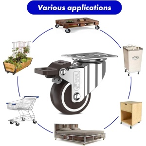 Set 4 roti universale GBL pentru transport, 50 mm, pivotante 360°, cu 4 frane, sarcina 200 kg, poliuretan, Argintiu/Negru - Img 5