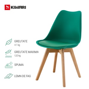 Set 4 Scaune Living/Bucatarie/Bar Kiwari® Riv, Sezut PP cu Pernuta PU, Picioare Lemn Fag, Inaltime Sezut 48 cm, Design Modern, Capacitate 120 kg, Verde - Img 4
