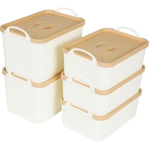 Set 5 cutii de depozitare, Belle Vous, din plastic, capac, dimensiuni diferite, potrivite pentru baie, bucatarie, birou, Alb