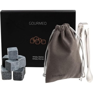 Set 9 pietre pentru whisky GOURMEO, din bazalt natural, reutilizabile, cleste din inox si saculet pentru depozitare, Gri