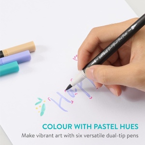 Set carioci profesionale pastel Intrend, 6 bucati, capete duble, pensula cu rezervor de apa, pentru caligrafie si desen, Multicolor - Img 6