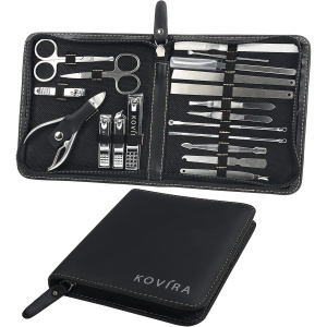 Set manichiura si pedichiura Kovira, 19 piese din inox, trusa ingrijire unghii si fata, geanta depozitare piele ecologica, 16 x 2.6 x 14.2 cm, Negru - Img 2