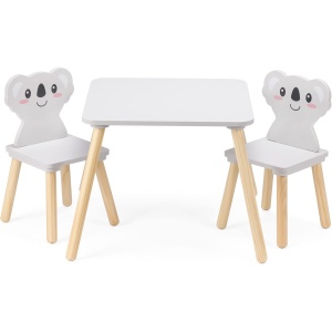 Set masa cu 2 scaune pentru copii Navaris, din lemn de pin si MDF, model koala, 50 x 50 x 38 cm, pentru joaca, desen sau luat masa, Gri - Img 6