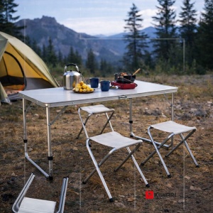 Set Mobilier Camping Kiwari® Camp, Masa 120 x 60 x 54-70 cm, 4 scaune 35 x 32 x 27.5 cm, Set Portabil si Pliabil Complet Picnic/Camping/Gradina/Terasa, Aluminiu/Plastic/Textil, Alb/Gri - Img 7