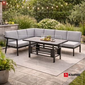 Set mobilier gradina Kiwari® Montverde, canapea coltar 6 locuri 72/67 x 166/160 x 60, masa reglabila 117 x 63.5 x 47-67 cm, cadru metal, perne detasabile 9 cm, terasa/gradina, Negru/Gri - Img 2