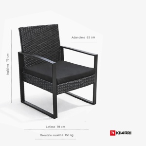 Set Mobilier Kiwari® Terrace, Masa 40 x 40 x 41 cm, 2 Scaune 59 x 63 x 73 cm, Grandina/Terasa/Balcon, Metal/Plastic/Ratan, Cu Perne Incluse, Negru - Img 3