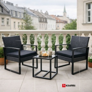 Set Mobilier Kiwari® Terrace, Masa 40 x 40 x 41 cm, 2 Scaune 59 x 63 x 73 cm, Grandina/Terasa/Balcon, Metal/Plastic/Ratan, Cu Perne Incluse, Negru - Img 6