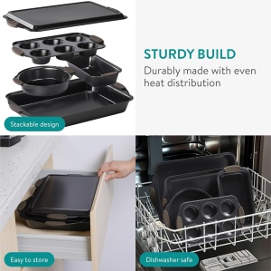 Set tavi pentru copt, Navaris, 5 piese, invelis antiaderent, marimi diverse, potrivite pentru briose, paine, pizza, din otel carbon, manere din silicon, Negru - Img 6