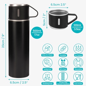 Set termos cu perete dublu Belle Vous, 3 cani, 23 x 6.5 cm, bauturi calde/reci pana la 12h, 500 ml, otel inoxidabil, Negru - Img 3