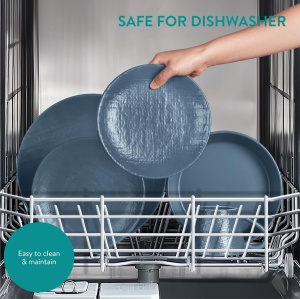 Set vesela din Ceramica Premium 16 piese, Navaris, pentru 4 persoane, design texturat, modern, compatibil cu masina de spalat si cuptor cu microunde, 2 tipuri de farfurii, boluri si cani, Albastru Fumuriu - Img 8