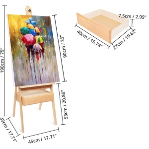 Sevalet pentru pictura Kurtzy, lemn de fag, inaltime reglabila pana la 190 cm, cu sertar de depozitare, pentru panze de pana la 90 cm, Maro - Img 2