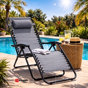 Sezlong Pliabil Kiwari® Beach, 165 x 65 x 113 cm, Gravitatie Zero, Cadru Metalic cu Textil, cu Tetiera, Portabil, Relaxare Plaja/Piscina/Terasa/Balcon, Gri - Img 2