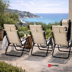 Sezlong Pliabil Kiwari® Beach, 165 x 65 x 113 cm, Gravitatie Zero, Cadru Metalic cu Textil, cu Tetiera, Portabil, Relaxare Plaja/Piscina/Terasa/Balcon, Bej - Img 3