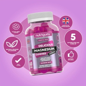 Supliment alimentar Magnesium Citrate Gummies, Nutrigums, citrat de Magneziu 1250 mg, Magneziu elementar 150 mg, Vitmanina C 80 mg, pentru vitalitate, energie si oase, vegan, aroma de fructe de padure, 60 de jeleuri - Img 3