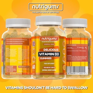 Supliment alimentar Vitamin D3 Gummies, Nutrigums, rezerva pentru doua luni, 1000iu de inalta rezistenta pentru sprijin imunitar, osos si muscular, potrivit pentru 12+ ani, vegan, aroma de lamaie, 60 de jeleuri - Img 6