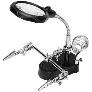 Suport cu lupa pentru lipit Kurtzy, iluminare LED, marire 3, 5x/12x, brate reglabile, cleme crocodil, suport letcon, baza stabila, 10 x 6, 3 x 2, 2 cm, Negru