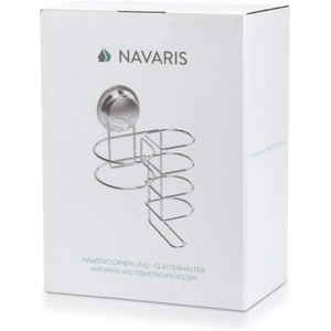 Suport de perete Navaris, pentru uscator de par si placa, montare cu ventuza fara gaurire, 25 x 15.5 x 10.5 cm, inox, organizator baie, Argintiu - Img 4
