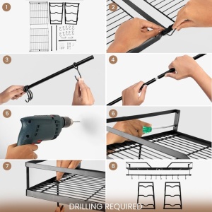 Suport Metalic Suspendat 3 in 1, Belle Vous, pentru ustensile de bucatarie, oale si capace, 80 x 30 x 8 cm, 10 carlige, Negru - Img 6