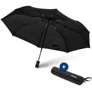 Umbrela SWISSONA, rezistenta la vant, compacta cu deschidere si inchidere pe buton, 90 cm, 8 brate din otel, husa, Negru
