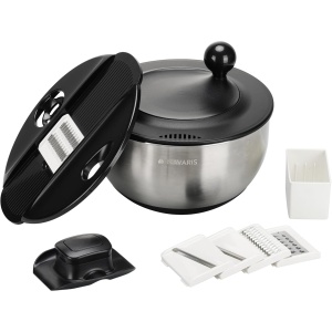 Bol multifunctional Navaris cu centrifuga pentru salata, 5 discuri interschimbabile pentru feliere si razuire, sita inclusa, inox, baza antiderapanta, Argintiu