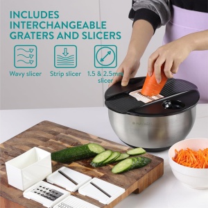 Bol multifunctional Navaris cu centrifuga pentru salata, 5 discuri interschimbabile pentru feliere si razuire, sita inclusa, inox, baza antiderapanta, Argintiu - Img 5