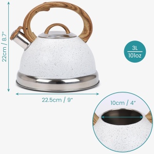 Ceainic fluierator, Belle Vous, din otel inoxidabil, 3 L, maner rezistent la caldura, 22.5 x 22 cm, compatibil cu toate tipurile de plita, Alb/Argintiu - Img 6