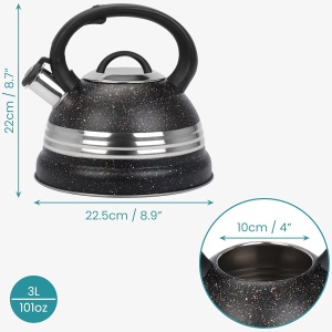 Ceainic fluierator, Belle Vous, din otel inoxidabil, 3 L, maner rezistent la caldura, 22.5 x 22 cm, compatibil cu toate tipurile de plita, Negru/Argintiu - Img 5