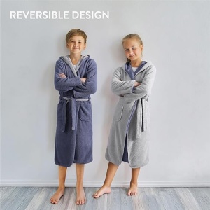 Halat de baie pentru copii HOMELEVEL, 13-14 ani, 158-164 cm, reversibil, din poliester, cu gluga, Albastru/Gri - Img 7