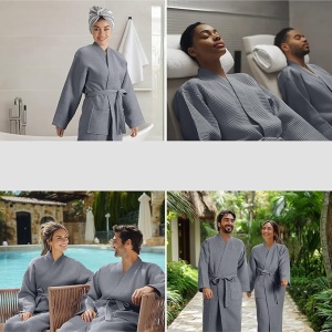 Halat de baie Waffle Pique unisex Homelevel, L, Gri, Bumbac organic, 54916.73.3 - Img 2