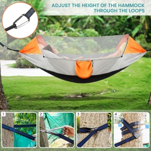 Hamac de camping, Belle Vous, cu plasa anti-tantari, material 210T Nylon, 250x80 cm, portabil, buzunar lateral depozitare, chingii de prindere si carabiniere, Gri/Portocaliu - Img 4