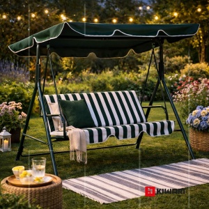 Leagan Balansoar Gradina Kiwari® Swing, 3 Locuri, 172 x 112 x 153 cm, Greutate maxima 240 kg, Perne detasabile, Terasa/Gradina, Alb/Verde - Img 3