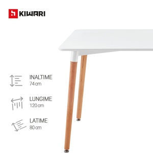 Masa Dining Kiwari® Alva, Blat MDF, Picioare Lemn Fag, Design Modern Bucatarie/Living, 120x80 cm, Capacitate 4–6 Persoane, Alb - Img 3