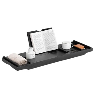 Masuta extensibila pentru cada Navaris, din bambus, 75–108 cm, masuta de servire la pat, cu suport pentru carte, tableta si pahar, Negru