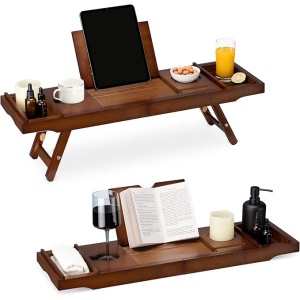 Masuta extensibila pentru cada Navaris, din bambus, 75–108 cm, masuta de servire la pat, cu suport pentru carte, tableta si pahar, Maro inchis - Img 3