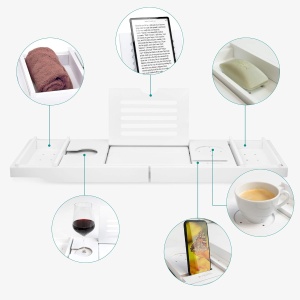 Masuta extensibila pentru cada Navaris, din bambus, 75–108 cm, masuta de servire la pat, cu suport pentru carte, tableta si pahar, Alb - Img 6