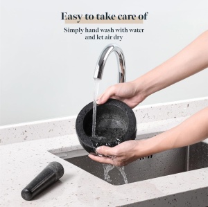 Mojar cu pistil profesional, Gourmeo, din granit, 400 ml, 16 x 16 x 8 cm, usor de curatat, Negru - Img 4